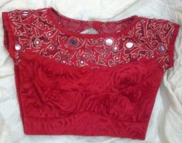 Boat-neck-velvet-blouse-with-mirror-work-on-net