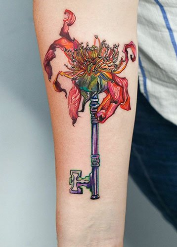 Flower Key Tattoo on Forearm